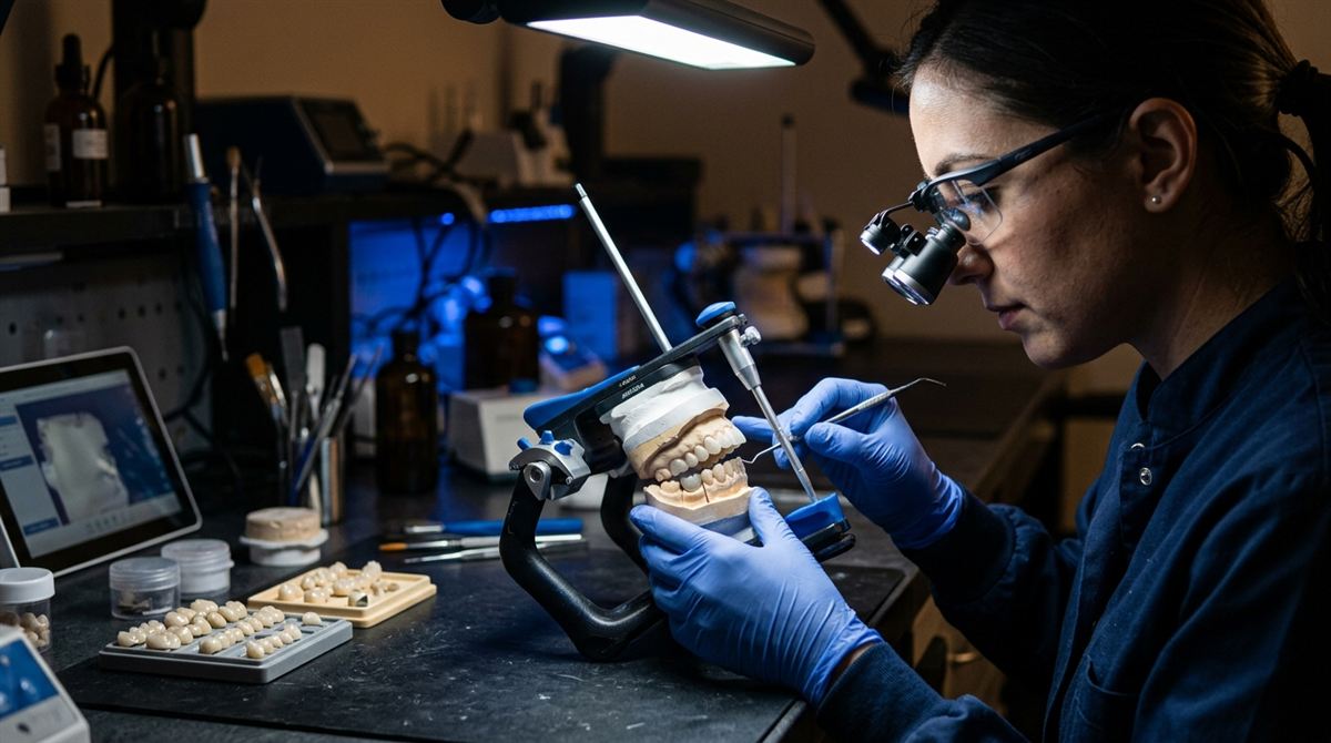 Técnico de laboratorio dental realizando el control de calidad de un puente de zirconio sobre articulador