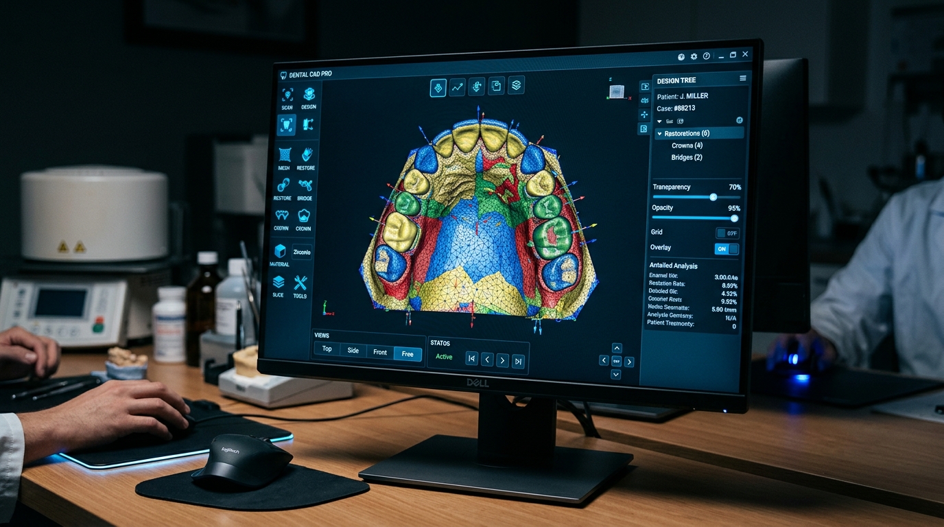 Software CAD dental con modelo 3D de arcada para diseño de prótesis dental en laboratorio digital Málaga