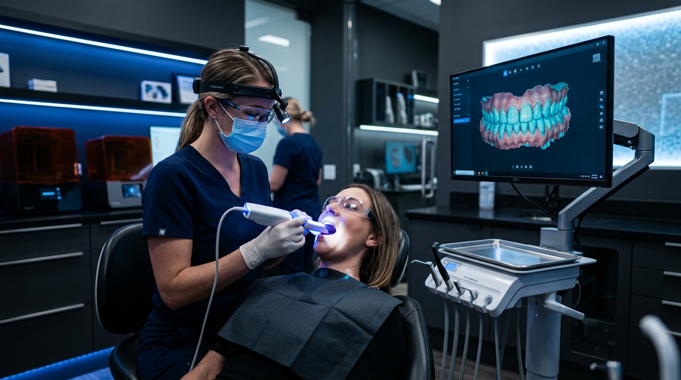 Odontólogo usando escáner intraoral 3D con modelo digital en pantalla para enviar al laboratorio dental