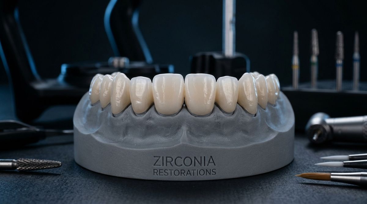 Coronas de zirconio sobre modelo dental en laboratorio con iluminación premium y tecnología CAD/CAM